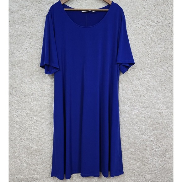 Susan Graver Dress Womens 3X Blue Short Sleeve Shift Pocket Stretch Liquid‎ Knit - Picture 1 of 11